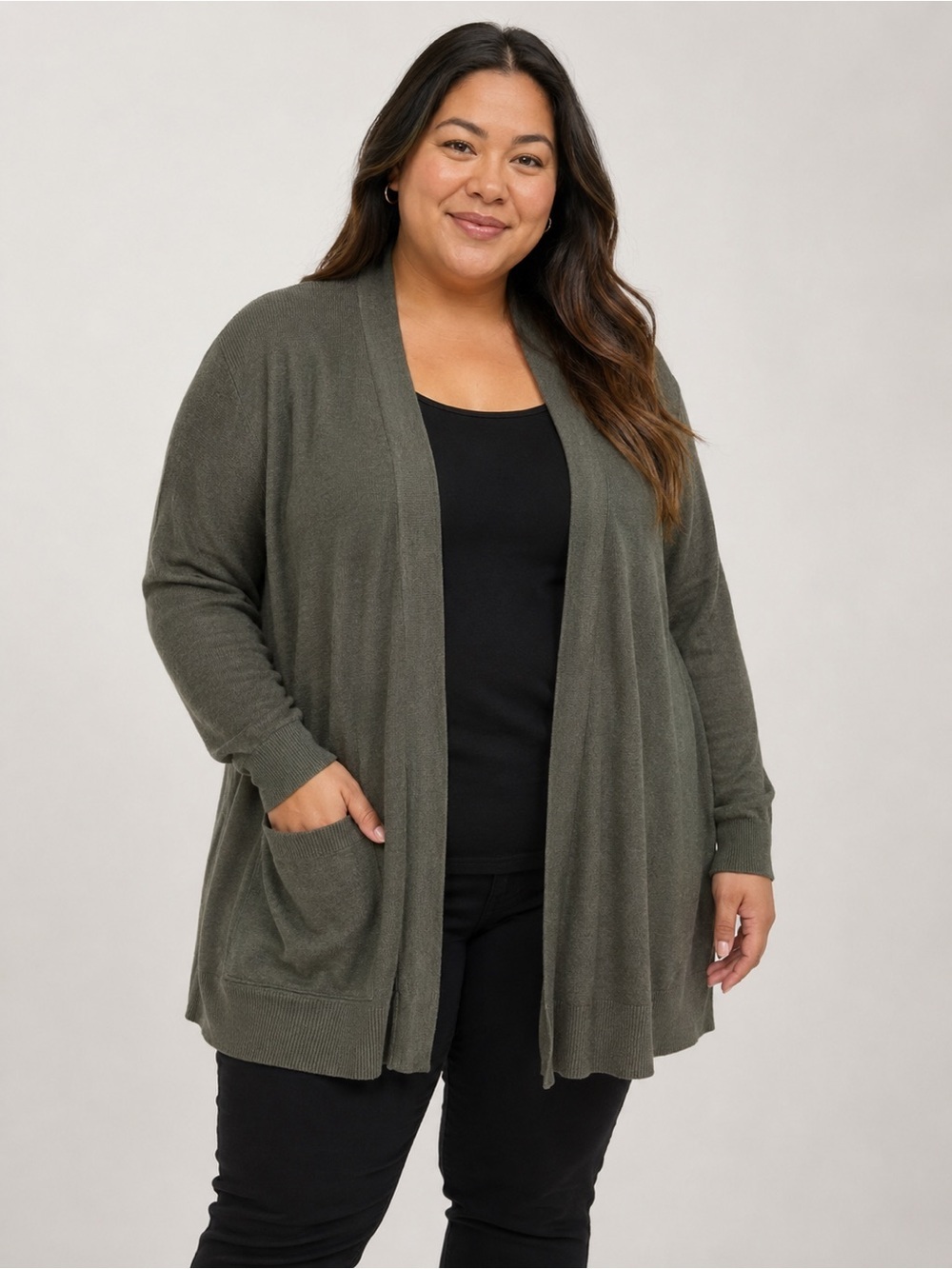 Blue Sky Bamboo Organic Cotton Open Front Cardigan Green | Size 1X
